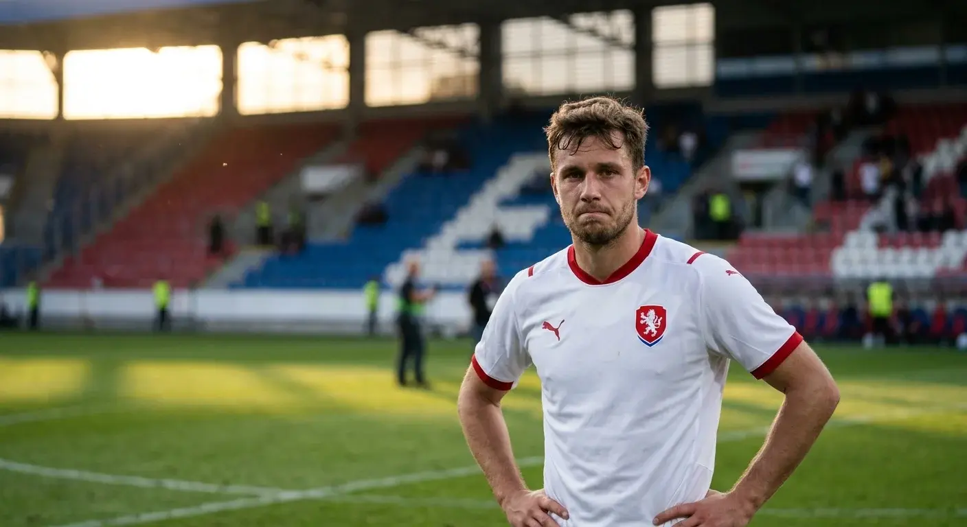 Hráč v bílém dresu s červeným lvem na prsou stojí se svěšenýma rukama, v dálce prázdné tribuny po zápase