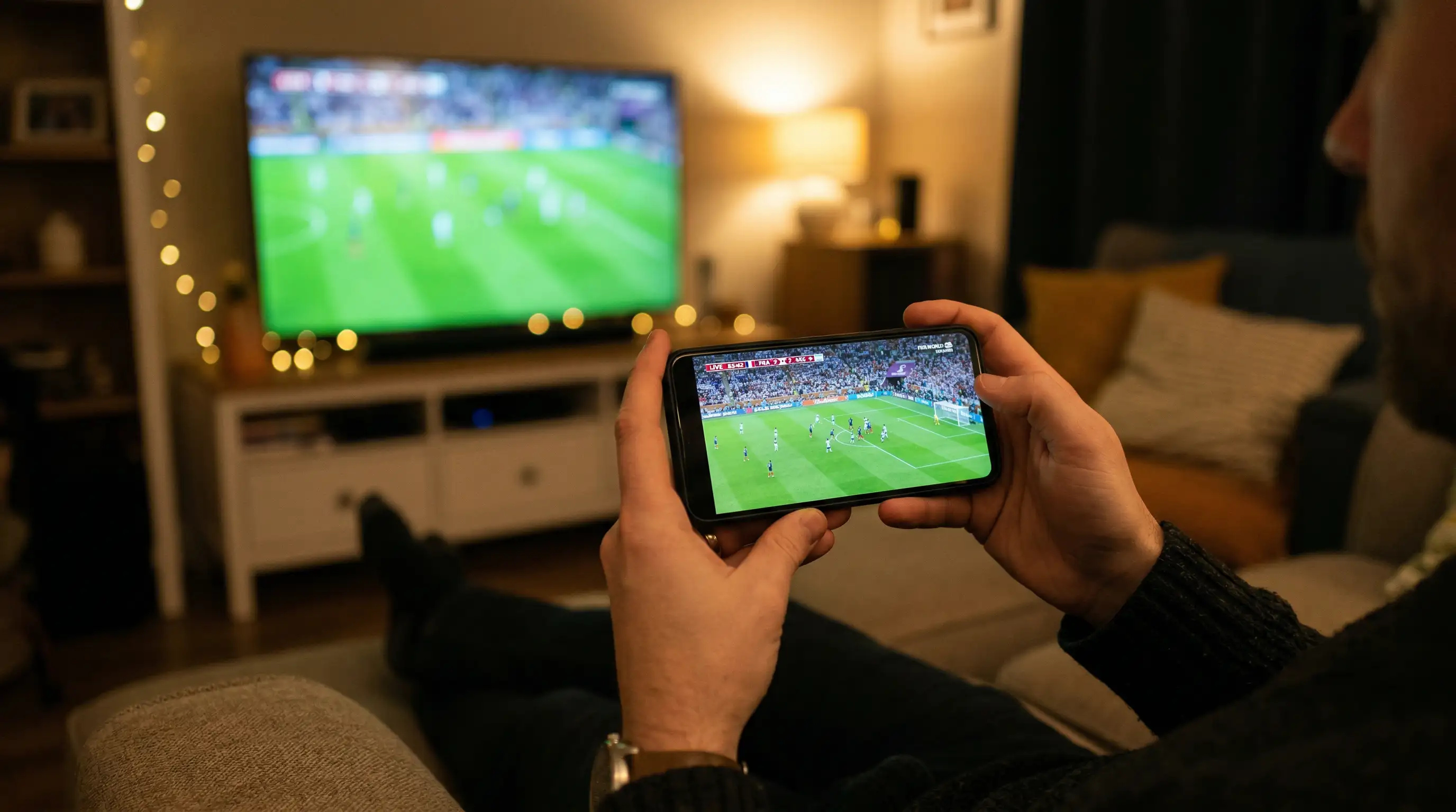 Mobilní telefon zobrazující fotbalové kurzy a sázení během zápasu mistrovství světa