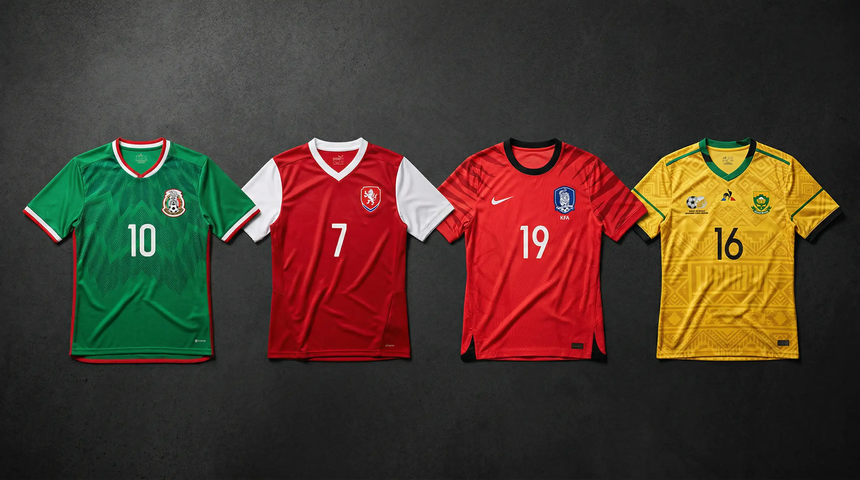 Fotbalové dresy a vlajky týmů skupiny A mistrovství světa 2026 - Mexiko, Česko, Jižní Korea a Jižní Afrika