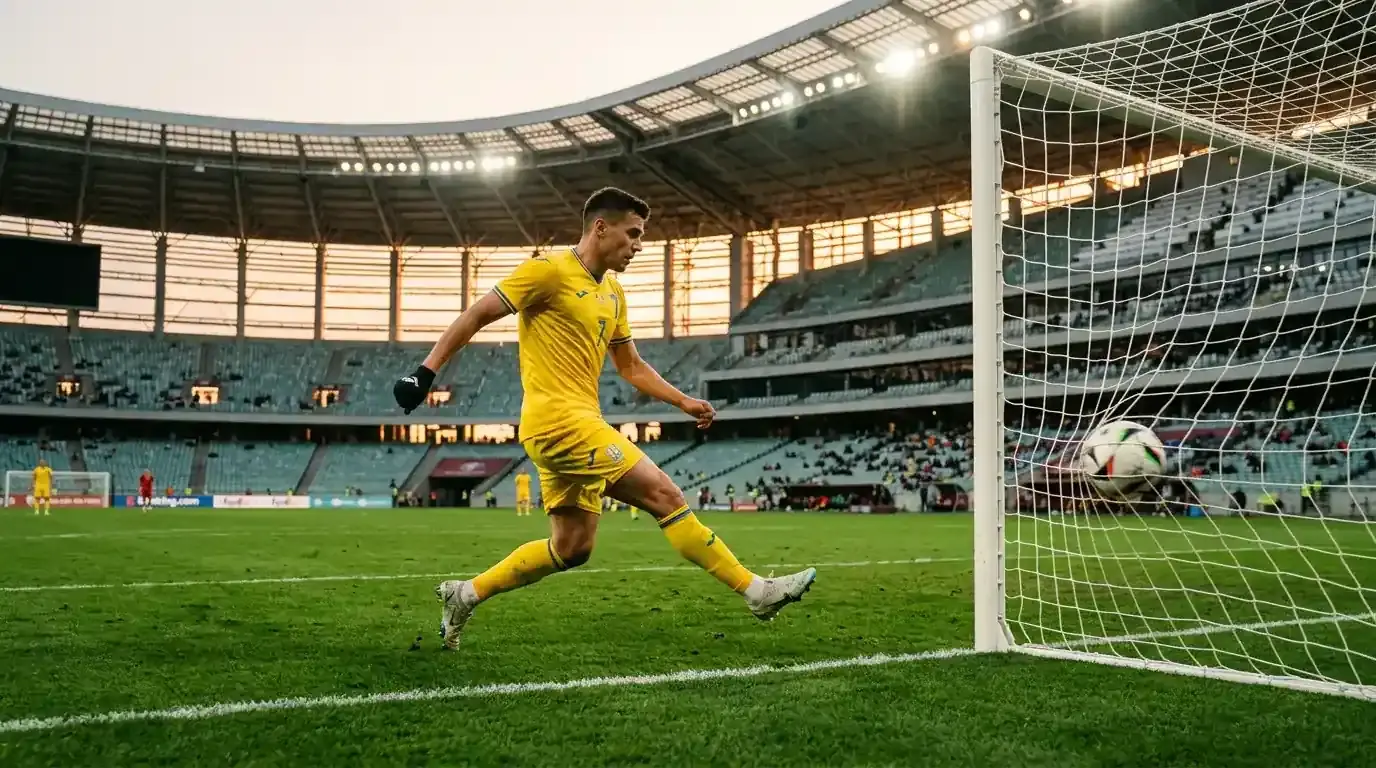 Hráč ve žlutém dresu střílí na branku za prázdné brankové čáry v moderním stadionu
